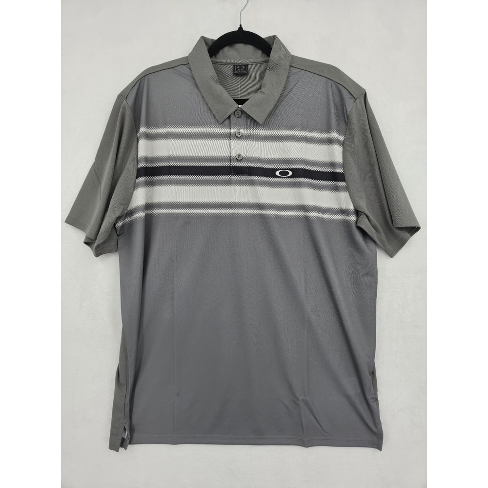 NWT Oakley Arc Polo Shirt Mens XL Grigio Scuro Grey Striped Short Sleeve Golf